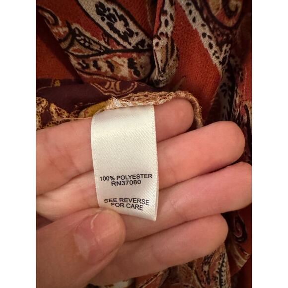 CATO Women M Blouse High Low Brown Orange Lagenlook Boho Patch Balloon Sleeve - Picture 4 of 5